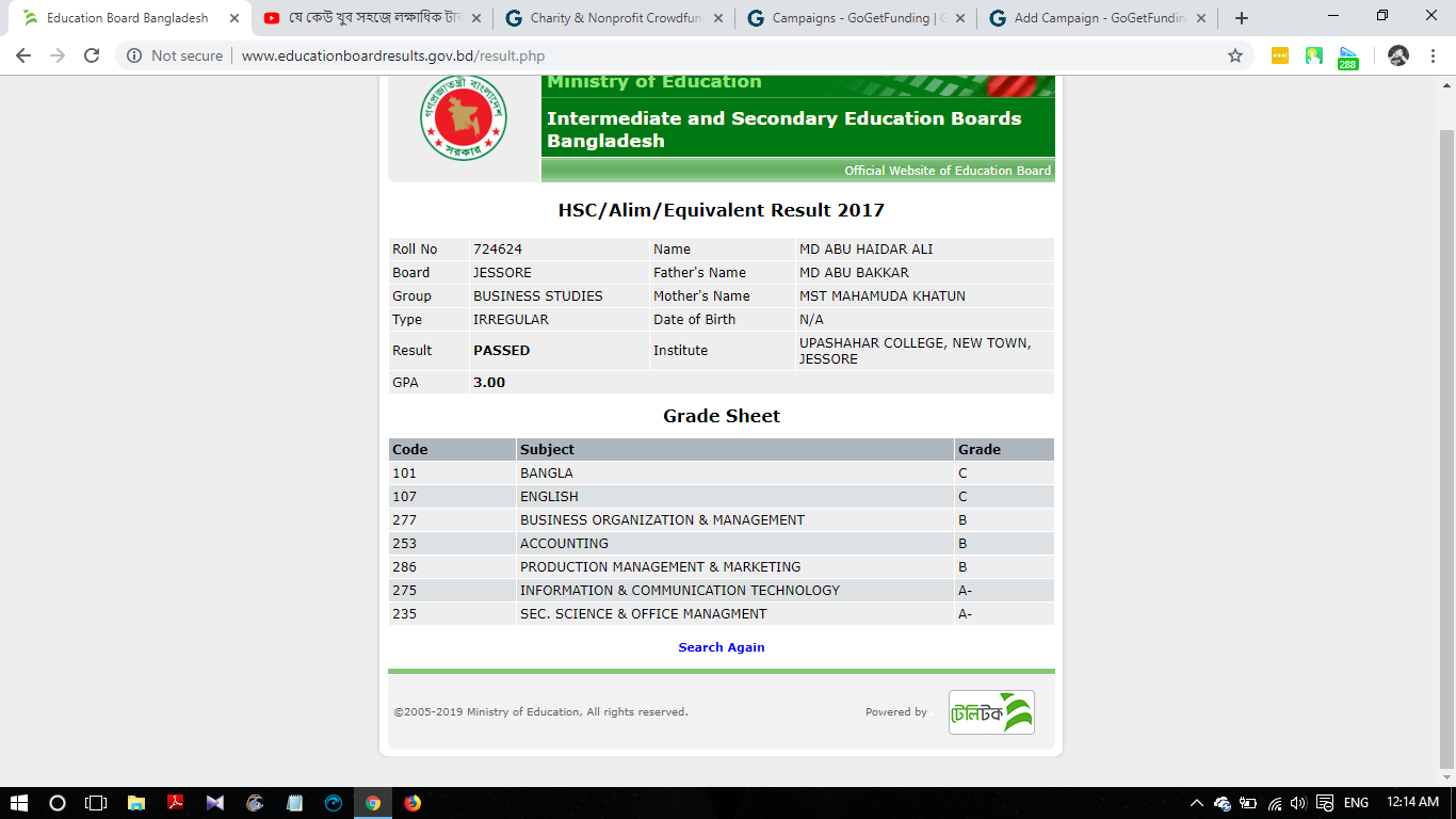 My Higher Secondary Result